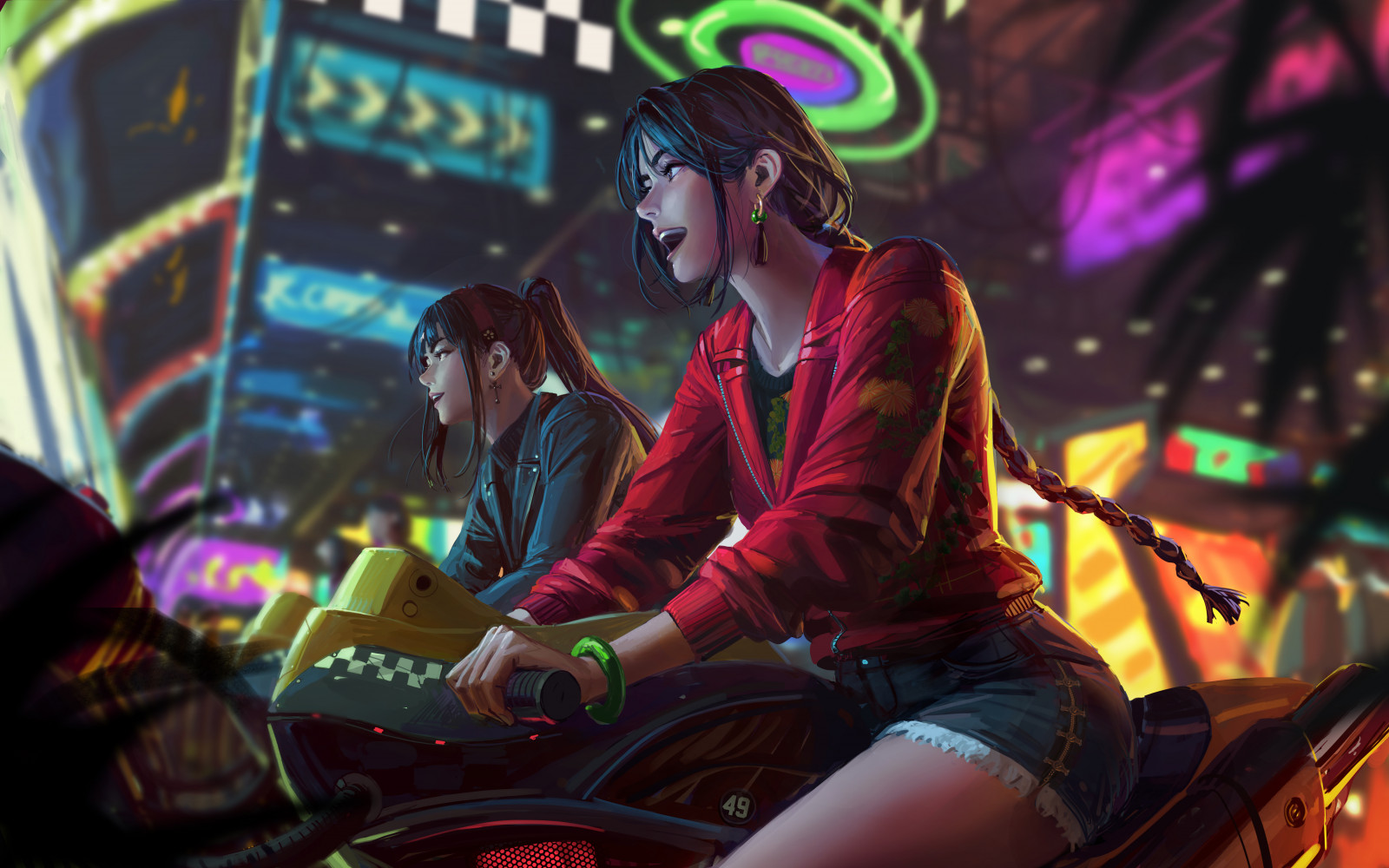 GUWEIZ, women, original characters, artwork, drawing, 2D, jacket, motorcycle