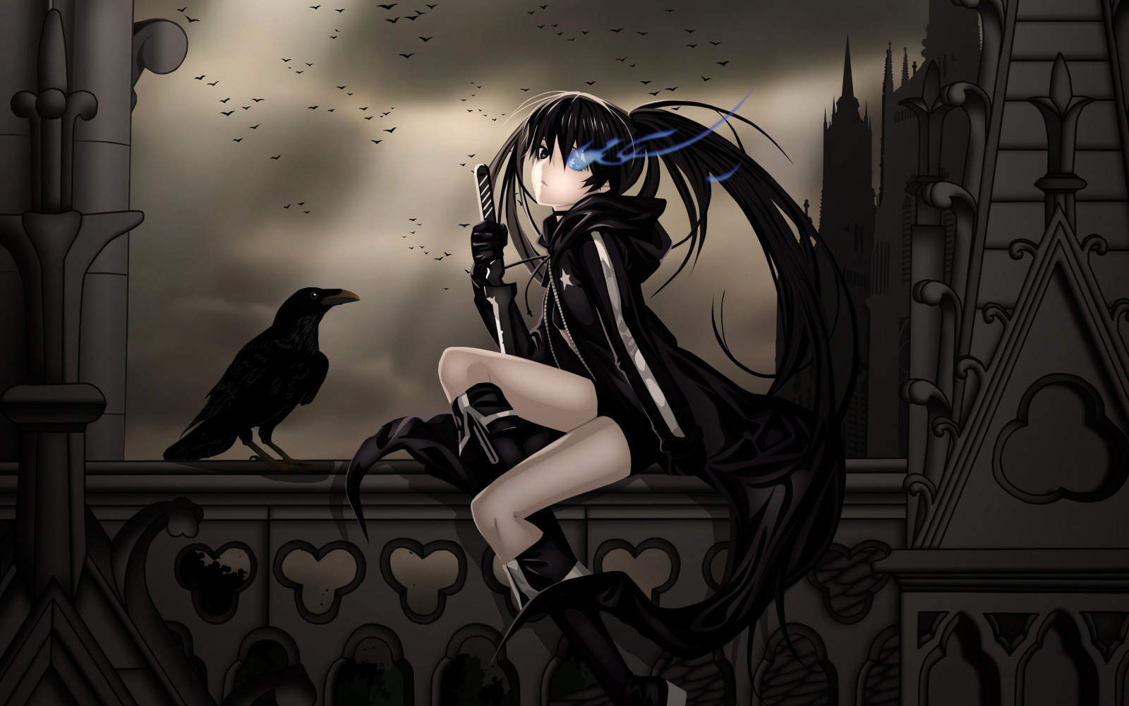 illustration, monokrom, anime, Anime piger, Black Rock Shooter, Styrke Black Rock Shooter, mørke, skærmbillede, fiktiv karakter