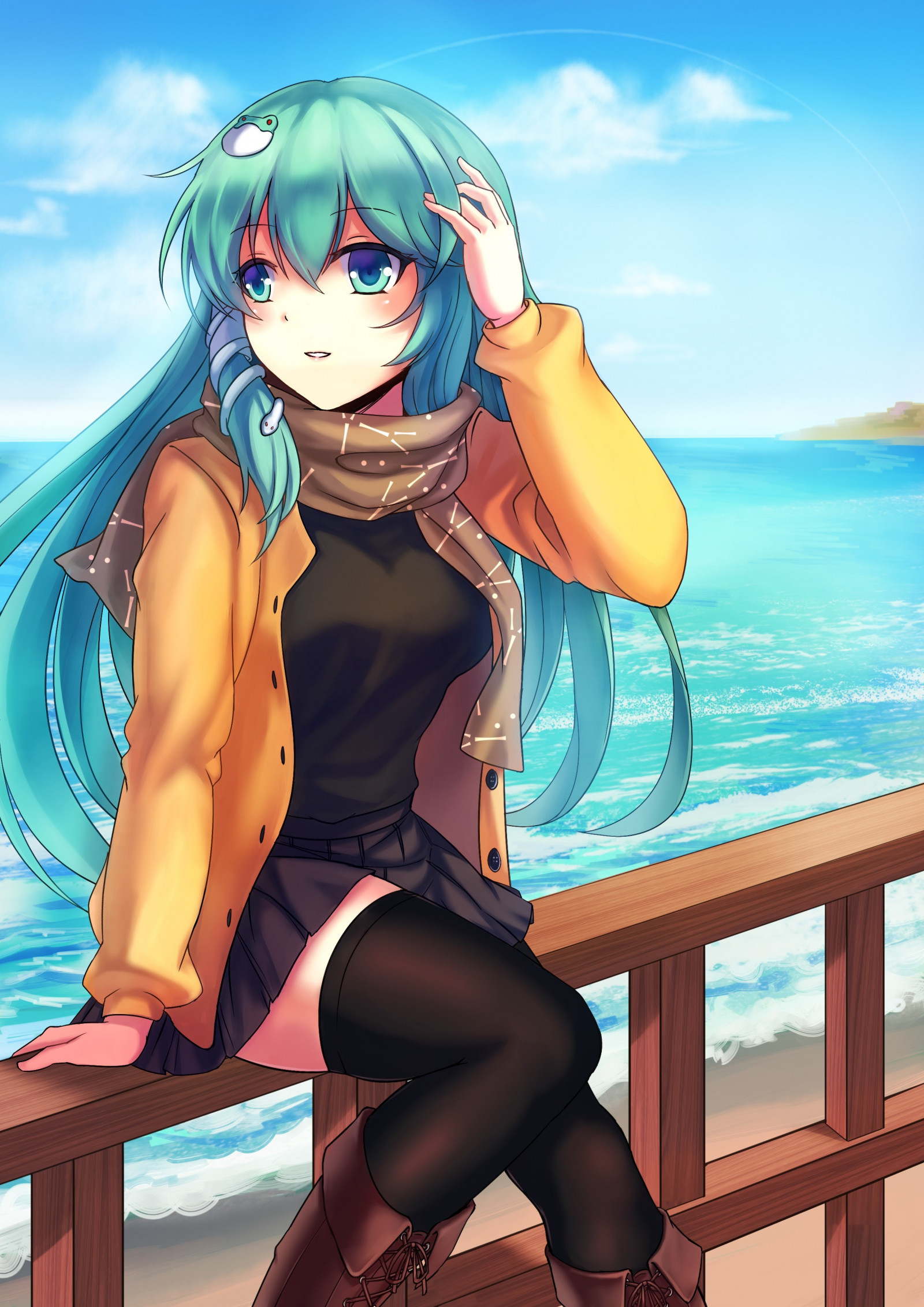 ilustrace, anime, anime dívky, Touhou, kreslená pohádka, černé vlasy, Kochiya Sanae, komiks, plavky, oblečení, 2480x3507 px