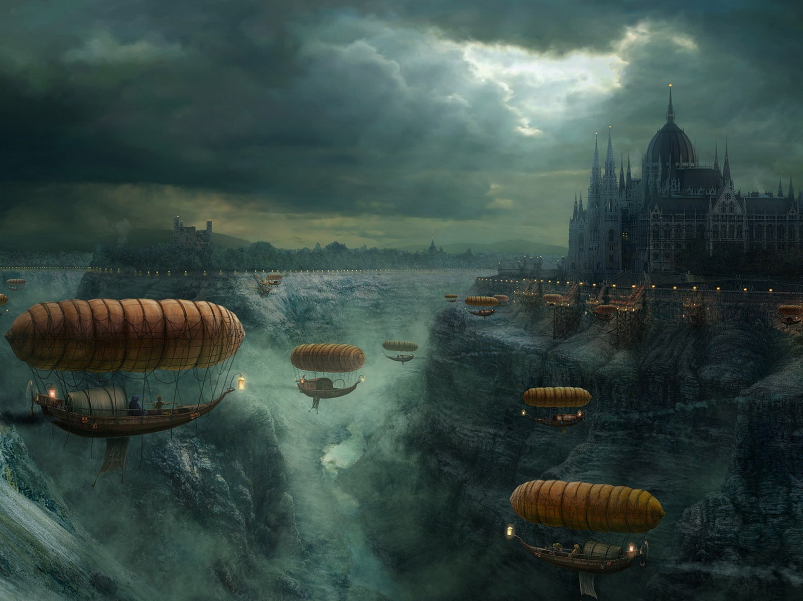 krajina, malování, moře, panoráma města, voda, odraz, nebe, uklidnit, řeka, atmosféra, zámek, banka, Let, mrak, Snímek obrazovky, počítač tapeta, melancholie, jev, vodní zdroje, visual arts, visual effects