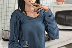 Eizouken ni wa Te wo Dasu na6gadis anime6rambut panjang6rambut hitam6payudara kecil6bintik-bintik6vertikal6merah kemalu-maluan6wanita dengan kacamata6celana hitam6Kanamori Sayaka6mata biru62D6karya penggemar6malu6minum6susu6dapur