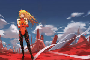デスクトップ壁紙 新世紀エヴァンゲリオン プラグスーツ 単純な背景 長い髪 赤毛 アニメの女の子 アスカ ラングレー ソリュュ Twintails 2d 垂直 遠望する 顔の髪 ファンアート 前髪 青い目 現実的な Shirogane Sama Parted Lips 赤い背景