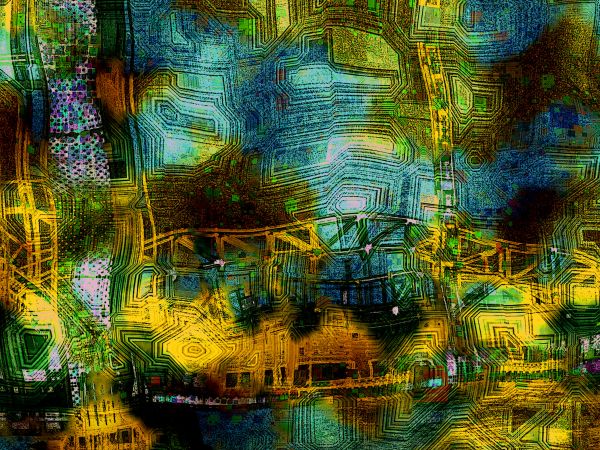 ART, bridge, blue, abstract, colors, yellow