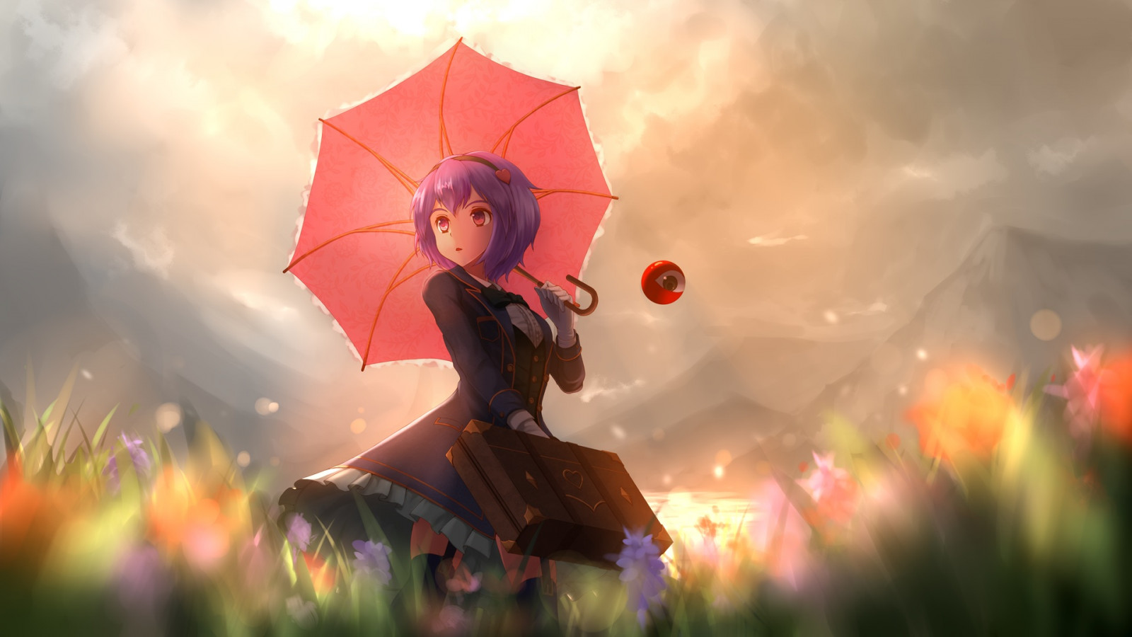 Touhou, Komeiji Satori, Růžové vlasy, krátké vlasy, deštník, tráva