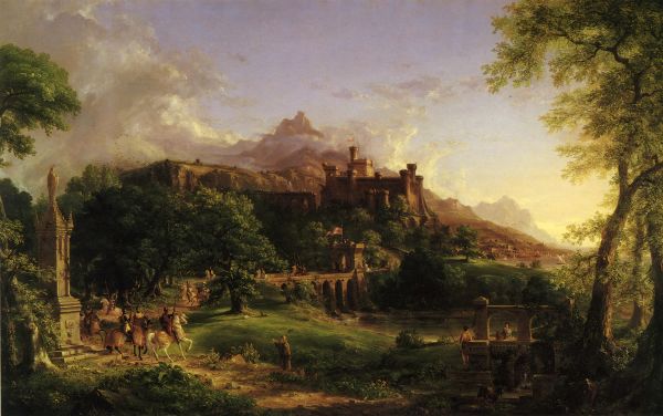 trees, knight, landscape, painting, forest, hill