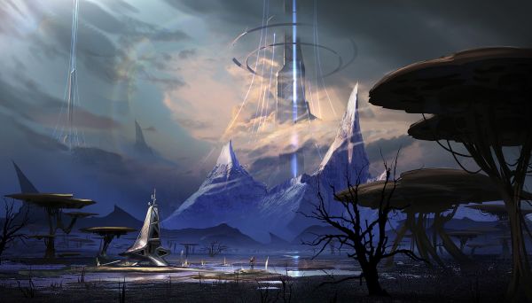 night,reflection,digital art,futuristic,artwork,mushroom