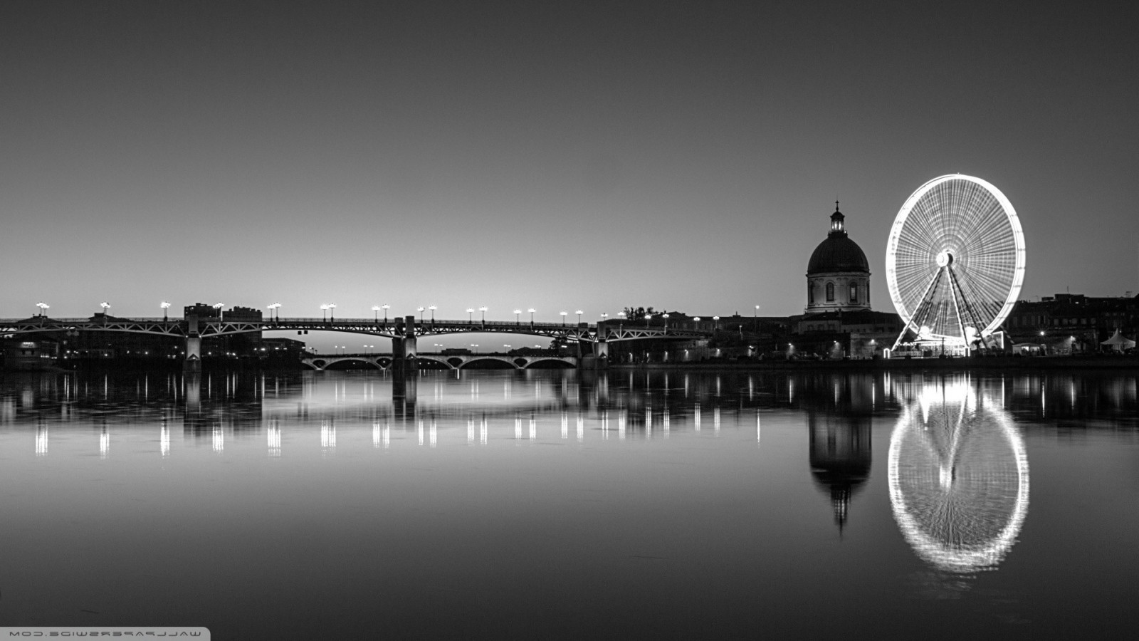 monocromo, paesaggio urbano, notte, riflessione, fotografia, orizzonte, sera, ponte, fiume, ruota panoramica, orizzonte, Francia, crepuscolo, leggero, oscurità, 1920x1080 px, fenomeno atmosferico, sfondo del computer, atmosfera della terra, bianco e nero, fotografia in bianco e nero