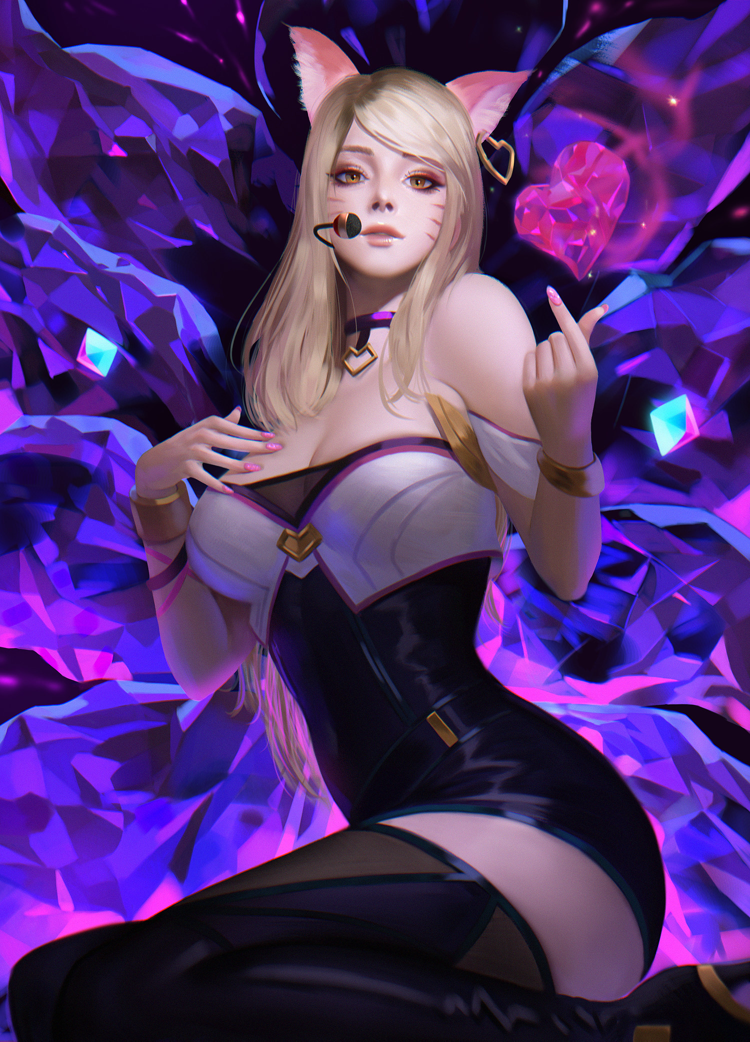 Seungyoon Lee, League of Legends, Ahri, devět ocasů, fox dívka, Fox ears, mikrofon, srdce, nachový, šaty, výkres, obličejová barva, žluté oči, obojek, při pohledu na diváka, Ahri League of Legends, ženy, blondýnka, dlouhé vlasy
