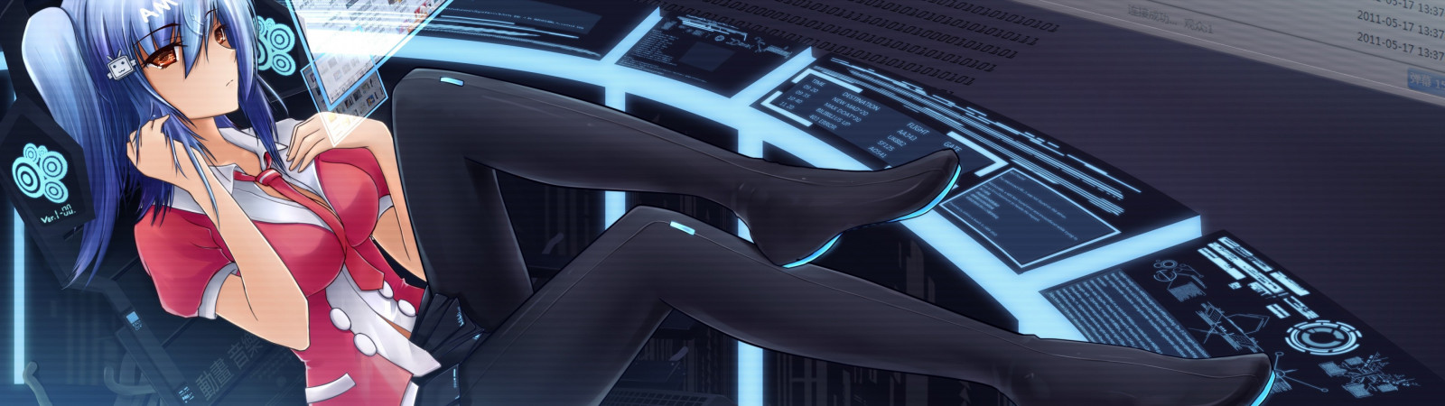 anime, anime dívky, modré vlasy, modrý, Původní znaky, sluchátka, rozhraní, Snímek obrazovky