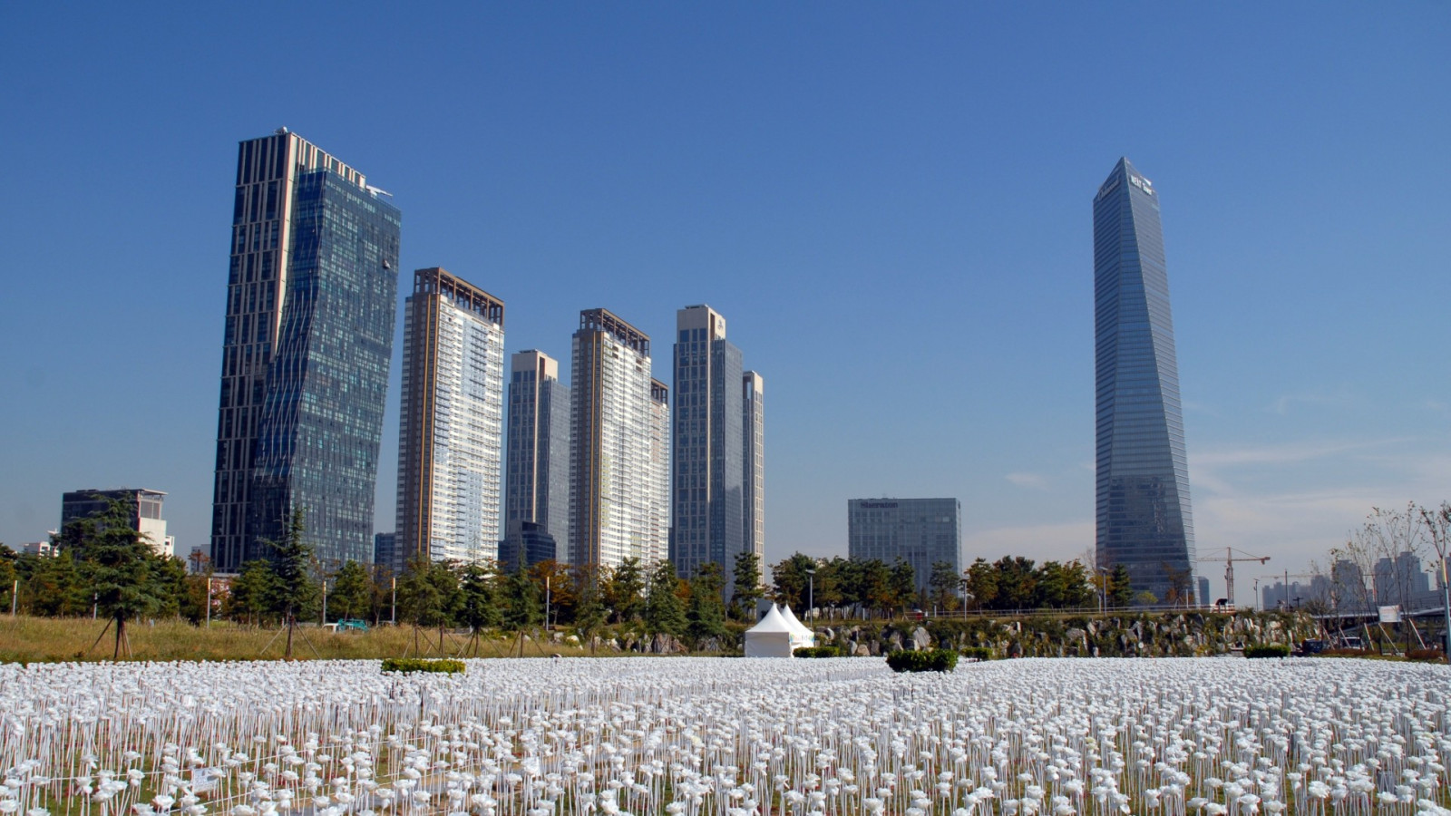 배경 화면 : 나무, 시티, 도시 풍경, 건축물, 건물, 지평선, 마천루, 서울, 대한민국, 송도, 중심지, 도심, 꽃, 경계표 ...