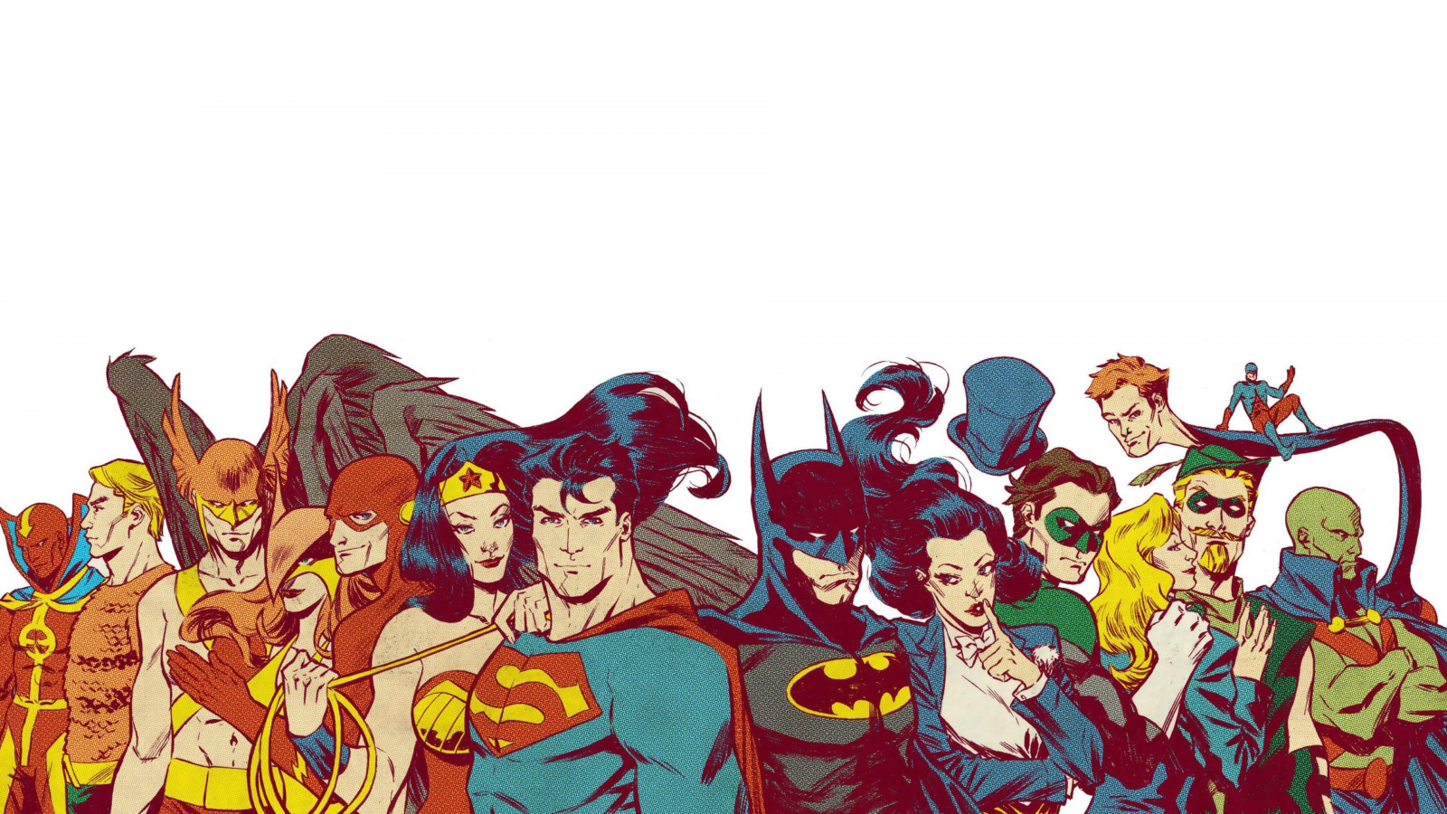 Batman, Superman, Vidunderkvinden, Lynet, Aquaman, Grøn pil, Hawkman, Hawkgirl, Grøn lanterne, Zatanna, den Atom, Sort Canary, Martian Manhunter, Red Tornado, Elongated Man, Justice League