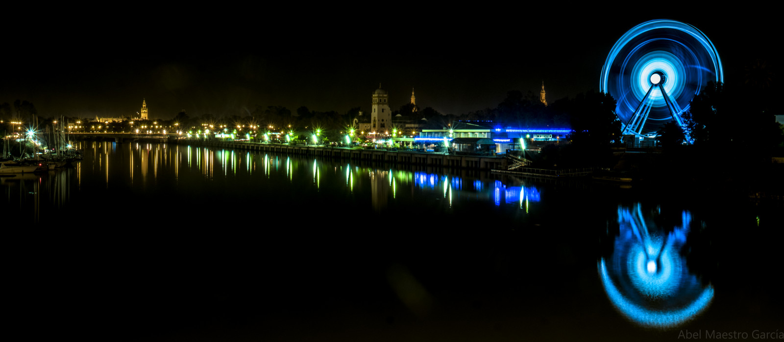 panoráma města, noc, odraz, panoráma, večer, půlnoc, Sevilla, světlo, espa, Abel, 34, andalucia, maestro, tma, Snímek obrazovky, počítač tapeta