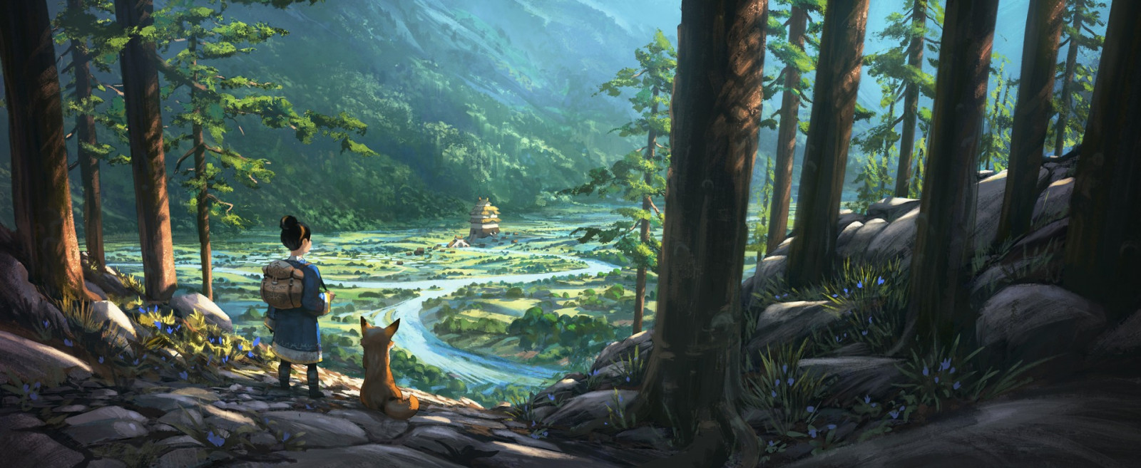 Wallpaper forest, fox, valley, building, mountains, flowers, rock