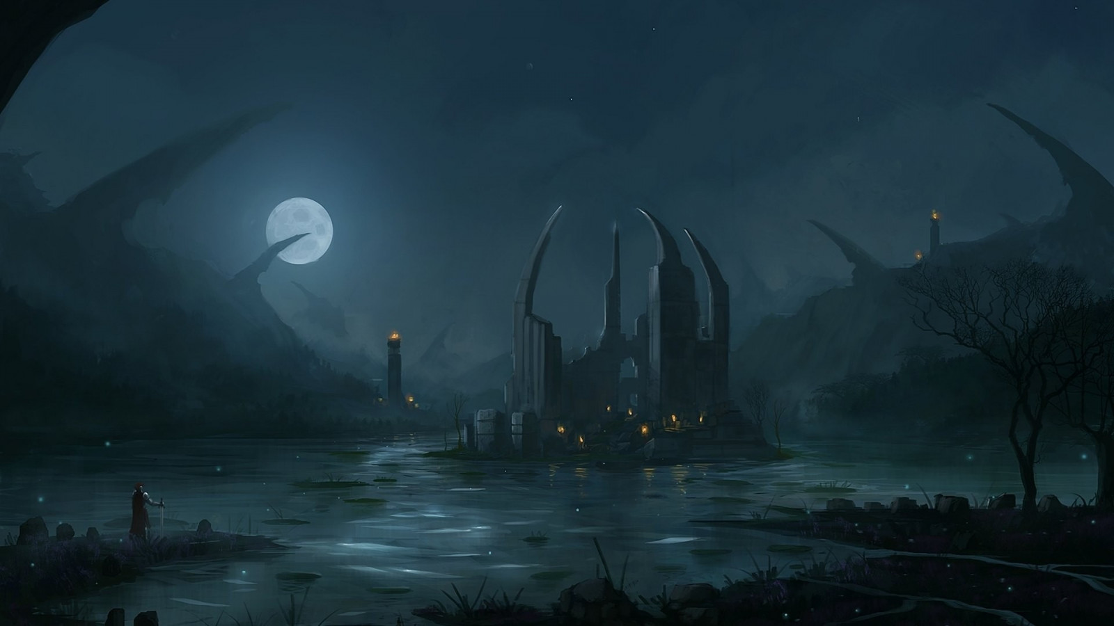 1920x1080 px, ARTE, opera d'arte, fantasia, Cavalieri, Luna, notte, stelle