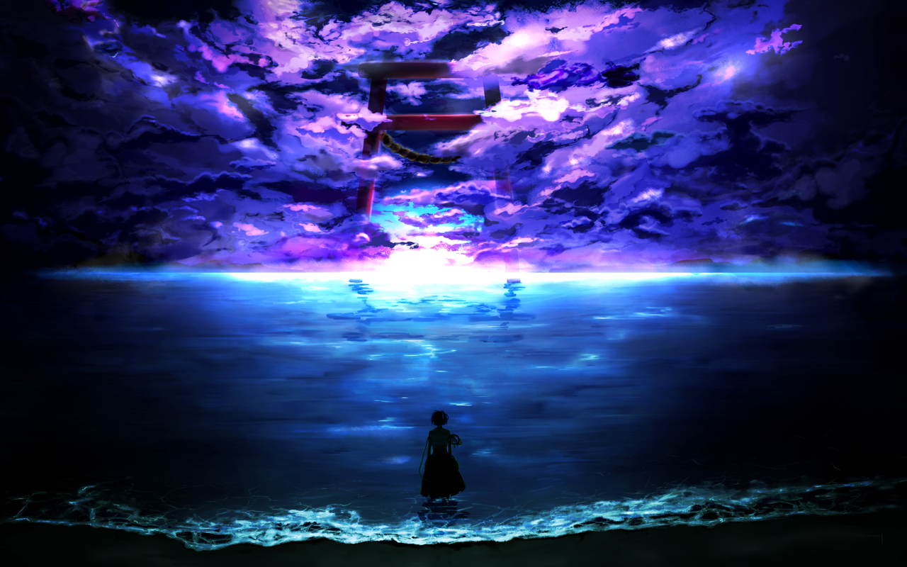 Papel De Parede Mar Fundo Roxo Torii Sozinho Sozinho No Papel De Parede Mar Fundo Roxo Torii Sozinho Sozinho No
