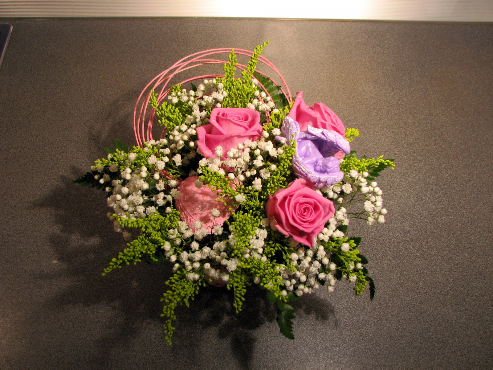 roser, bukett, gypsophila, kurv, engel