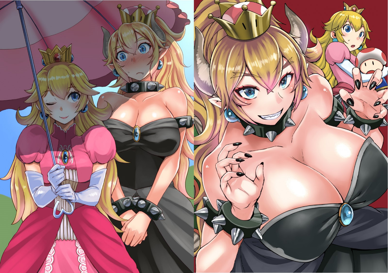 mario series, Princezna Peach, Bowsette, černé šaty, růžové šaty, blondýnka, modré oči, koruna, růžky, smajlík