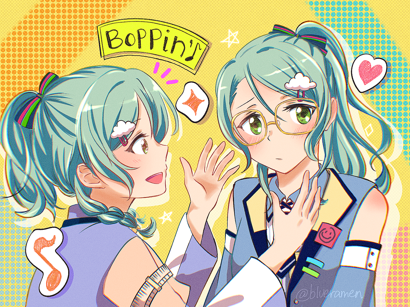 Anime, Meninas anime, BanG Dream, Hikawa Hina, Hikawa Sayo, cabelo curto, cabelo longo, cabelo verde, gêmeos, two women, obra de arte, arte digital, Admirador de arte