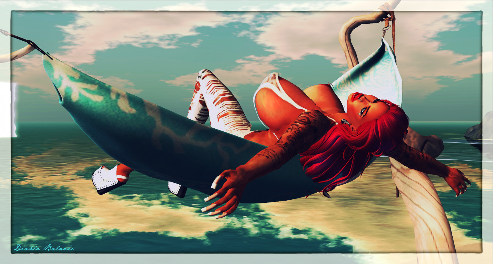 ilustrace, relaxační, Diablo, plakát, UMĚNÍ, oceán, sexy, druhý život, fantazie, erotický, zrzavé vlasy, Snímek obrazovky, moderní umění, bigboobs, hugetits