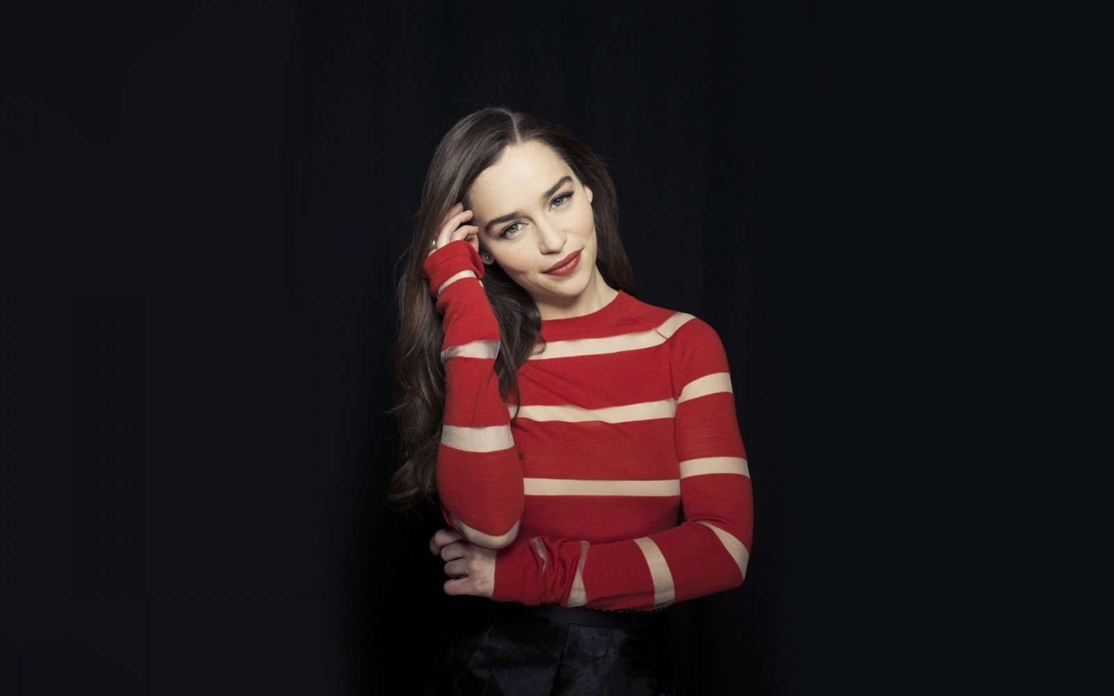 women, model, simple background, long hair, brunette, looking at viewer, red, photography, singer, smiling, fashion, Emilia Clarke, spring, clothing, hairstyle, photo shoot, outerwear