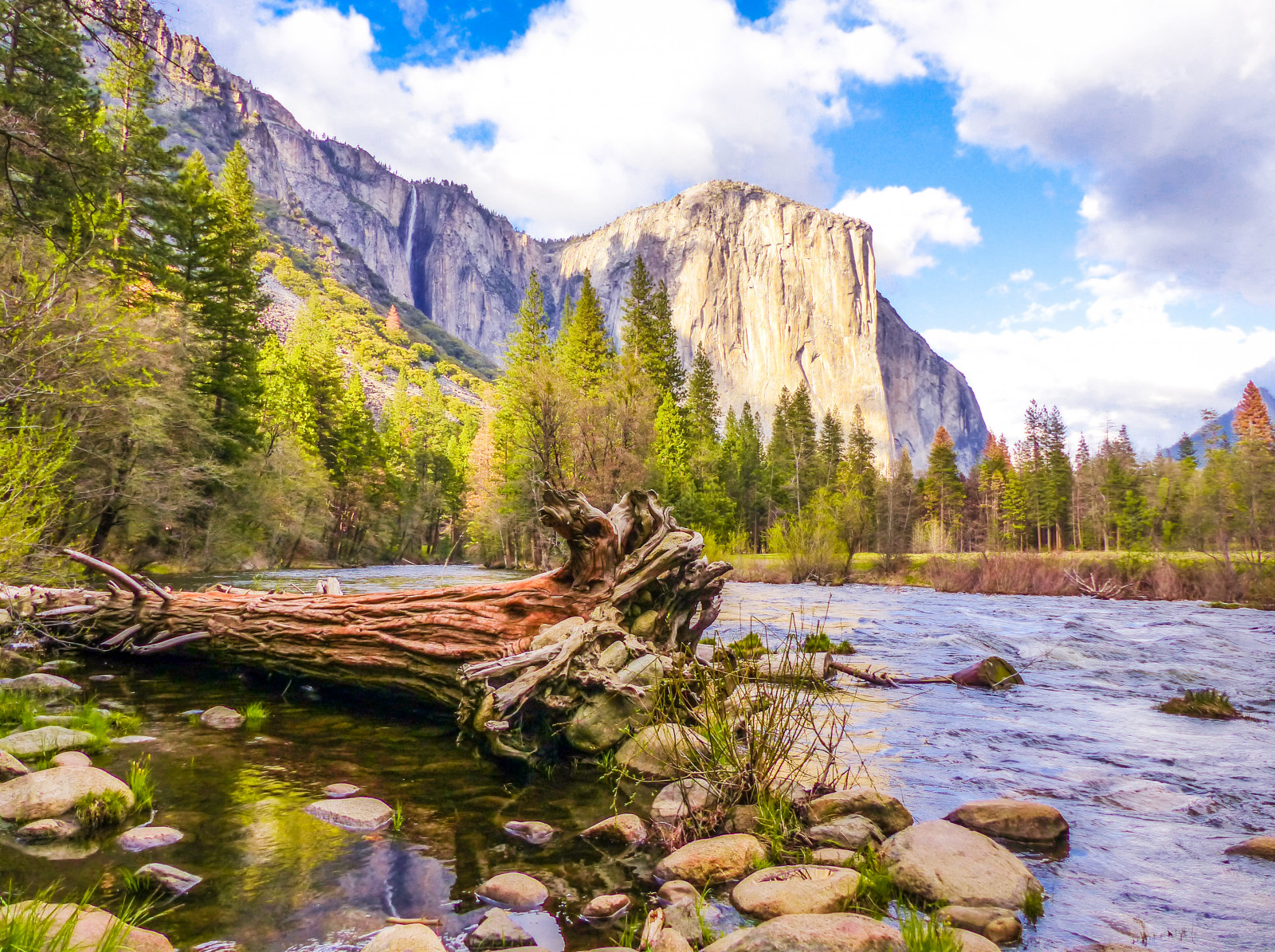 Californien, parkere, blå, træer, himmel, afspejling, solskin, skyer, Skov, refleksioner, flod, landskab, udendørs, forenet, merced, el, national, Yosemite, granit, stater, forår, capitan