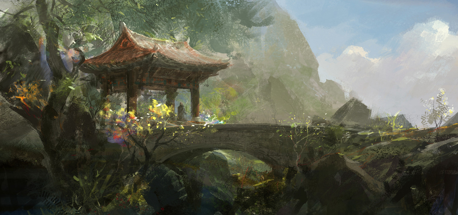 artwork, fantasy art, architecture, Asian architecture, bridge