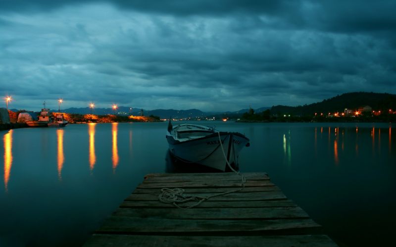 landscape, lights, boat, sunset, sea, bay landscape, lights, boat, sunset, sea, bay