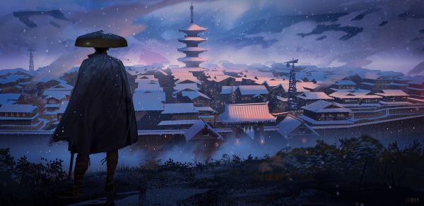 digital art,artwork,illustration,town,Jason Scheier,samurai