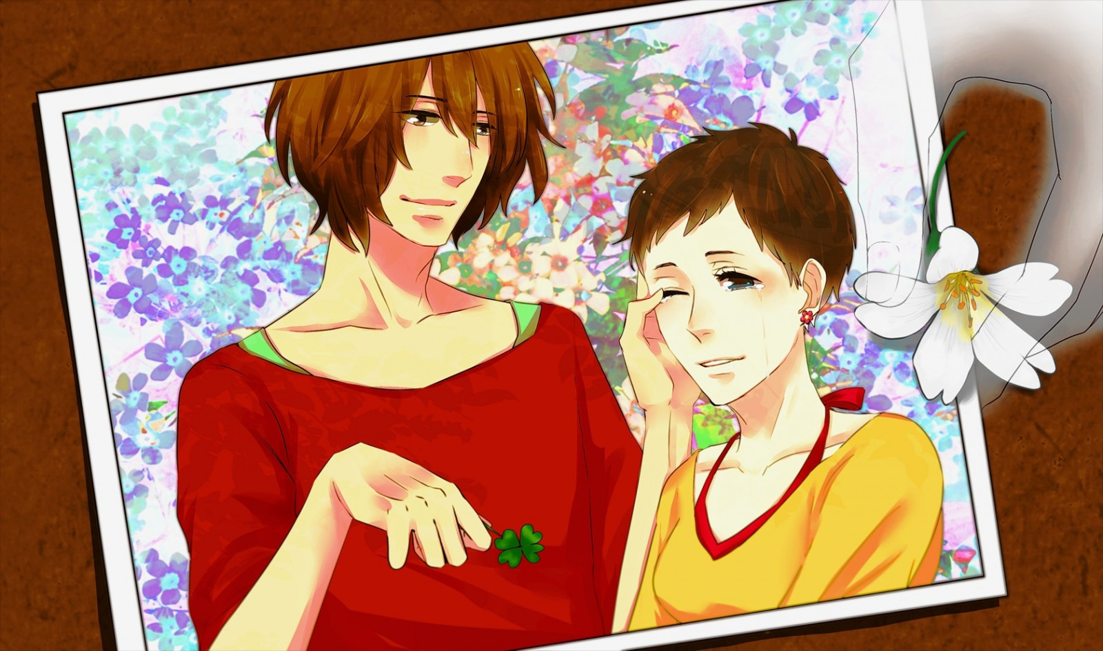 illustrazione, anime, opera d'arte, giallo, capelli neri, amicizia, felicità, ARTE, fiore, ragazza, Sorriso, capelli castani, colore dei capelli umani, espressione facciale, arte Moderna, personaggio fittizio, mangaka, finzione, interazione, Natsuyuki Rendezvous, Shimao Rokka, Hazuki Ryousuke