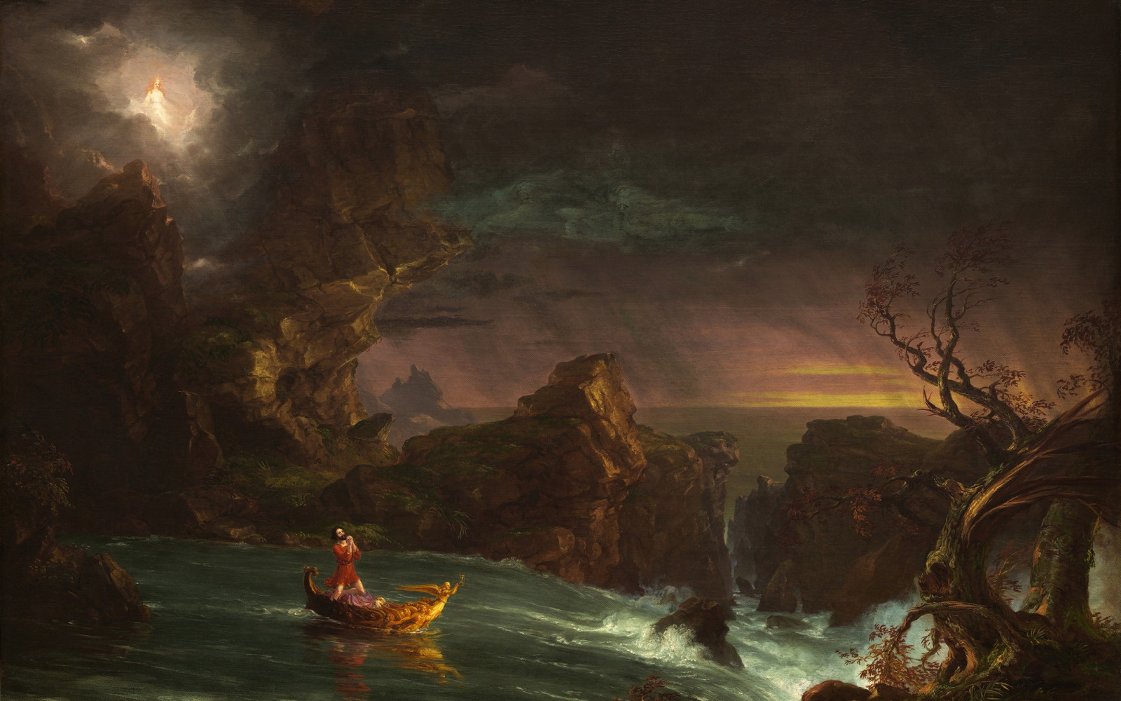 la pittura, giungla, mitologia, arte classica, Thomas Cole, nave fantasma, Il viaggio di Manhood Vita, oscurità, immagine dello schermo, sfondo del computer