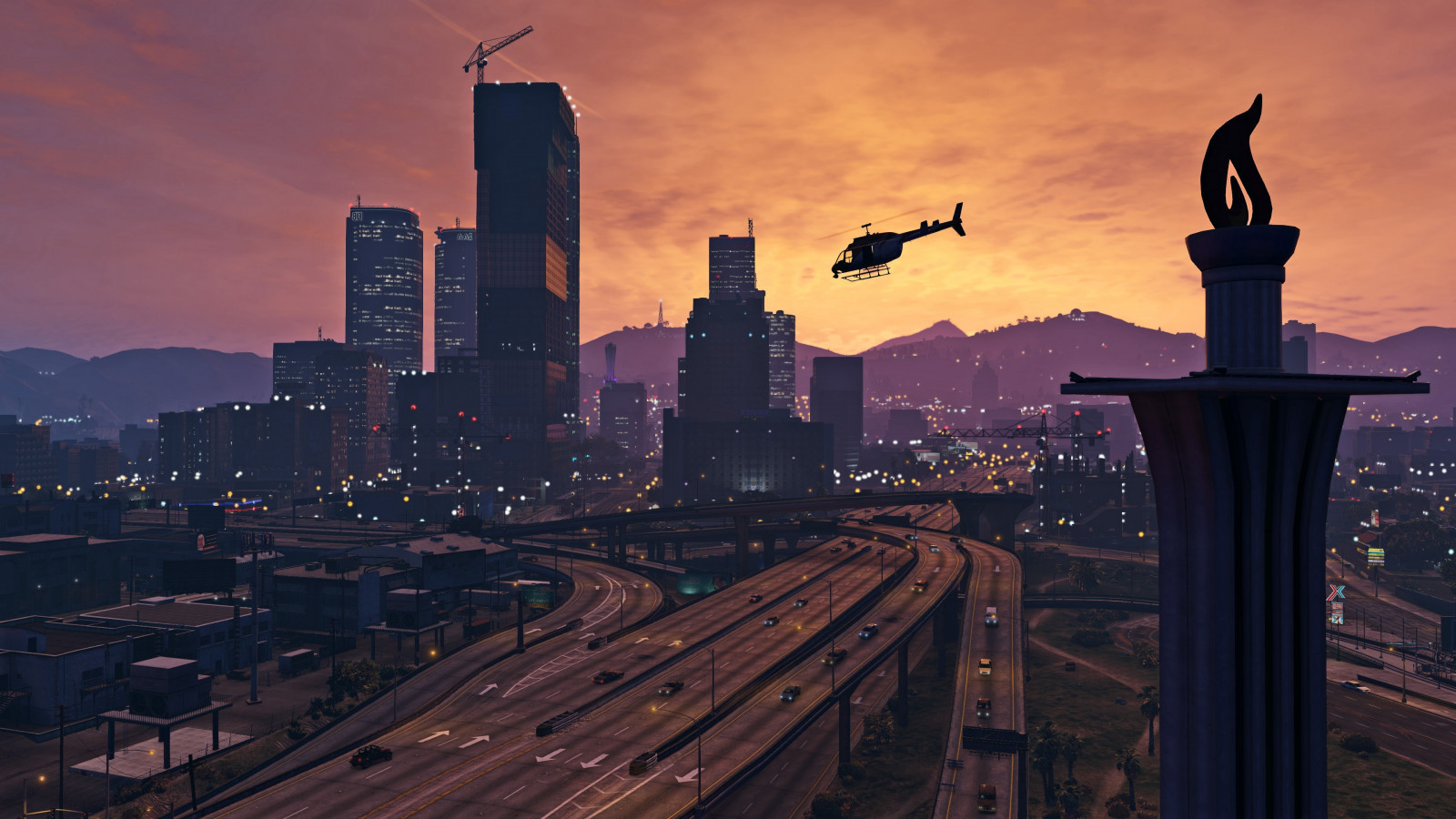 videogiochi, tramonto, città, paesaggio urbano, notte, cielo, Alba, orizzonte, grattacielo, sera, mattina, Torre, orizzonte, Grand Theft Auto V, giochi per PC, crepuscolo, metropoli, centro, alba, punto di riferimento, 3840x2160 px, area urbana, area metropolitana, insediamento umano