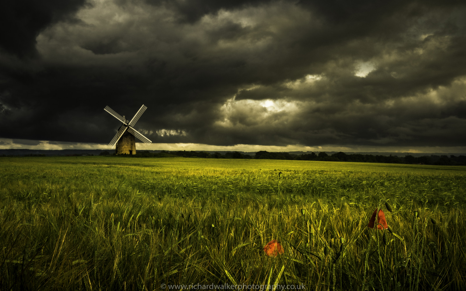 Wallpaper sky, windmill, field, clouds, landscape, stormy, poppy