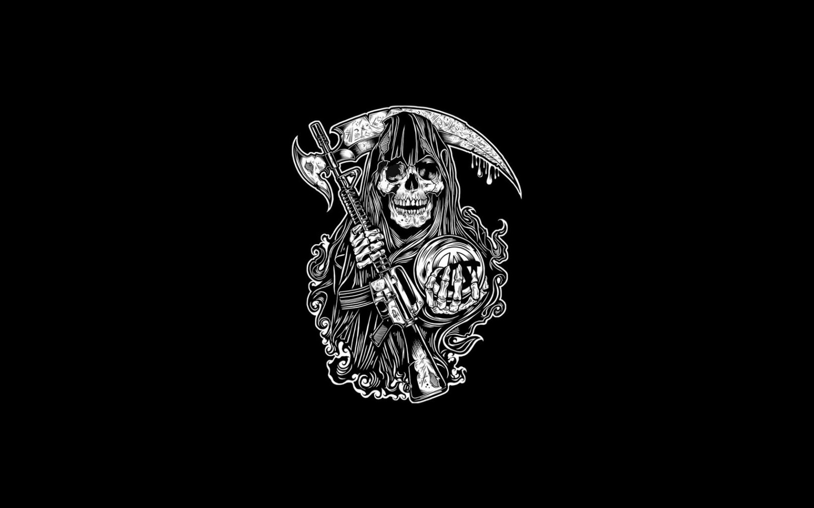 illustrazione, monocromo, minimalismo, opera d'arte, logo, cranio, morte, Triste Mietitore, Figli dell'anarchia, gioielleria, bianco e nero, fotografia in bianco e nero, accessorio di moda, organo