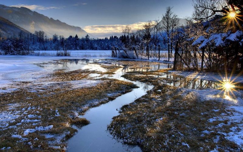 lumina soarelui, peisaj, lac, natură, reflecţie, zăpadă