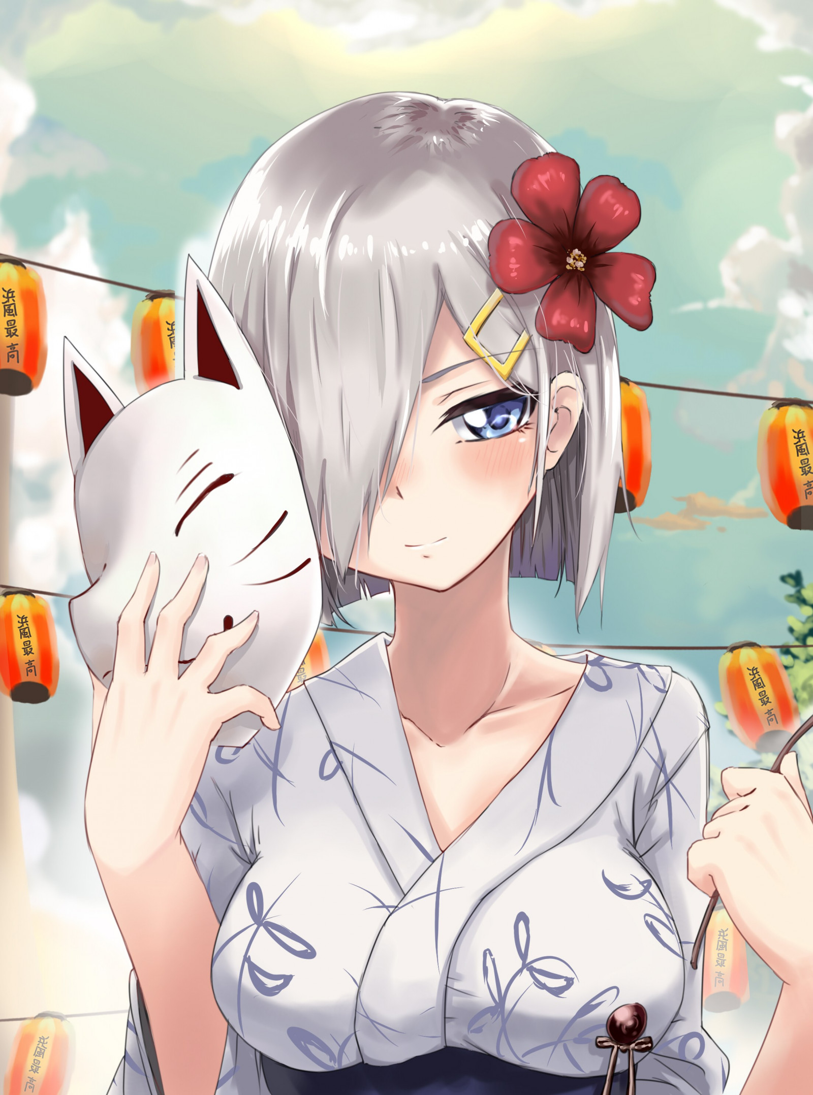 ilustrace, anime, anime dívky, modré oči, krátké vlasy, kreslená pohádka, Kantai Collection, šedé vlasy, pusa, japonské oblečení, Hamakaze KanColle, mangaka