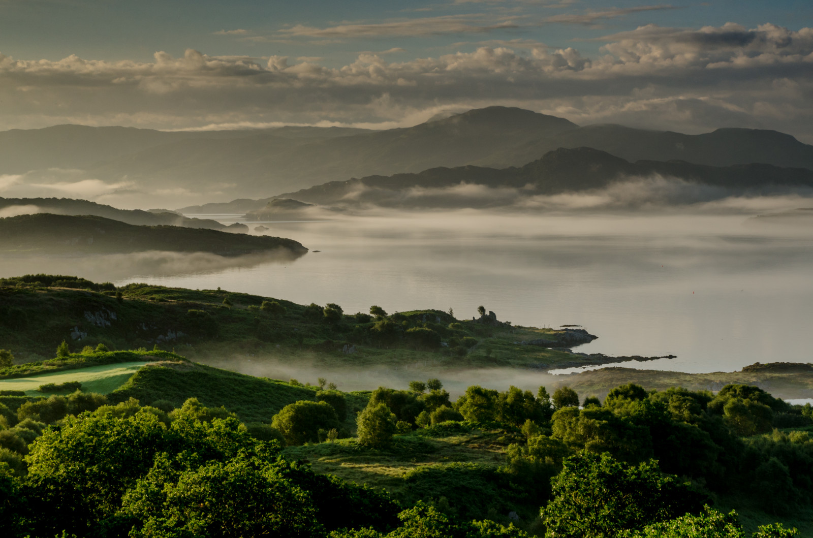 Ardnamurchan, lochsunart, sunart, vrchovina, Skotsko, Glenmore, glenbeg, mlha, svítání, ráno, svítání, pole, jezero