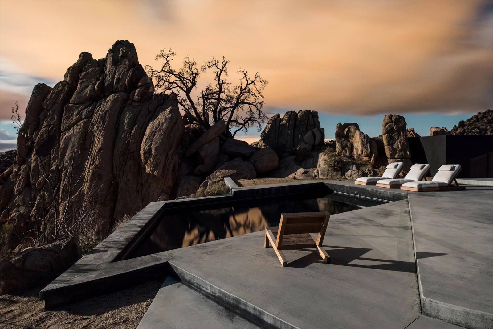 nature, landscape, trees, Tom Blachford, California, USA, architecture, modern, swimming pool, clouds, deck chairs, rocks, long exposure