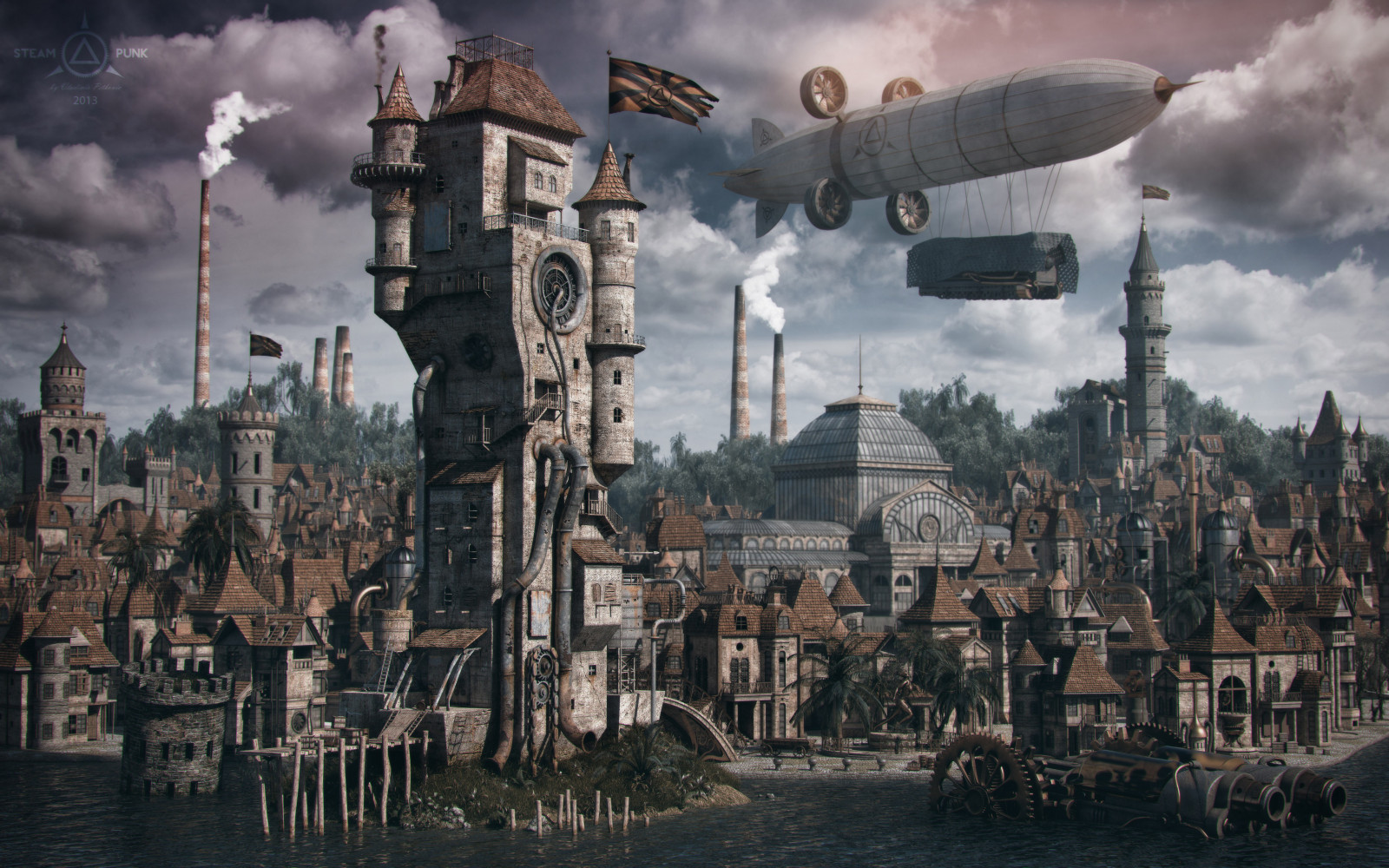 paesaggio urbano, veicolo, Torre, steampunk, Zeppelin, cittadina, immagine dello schermo