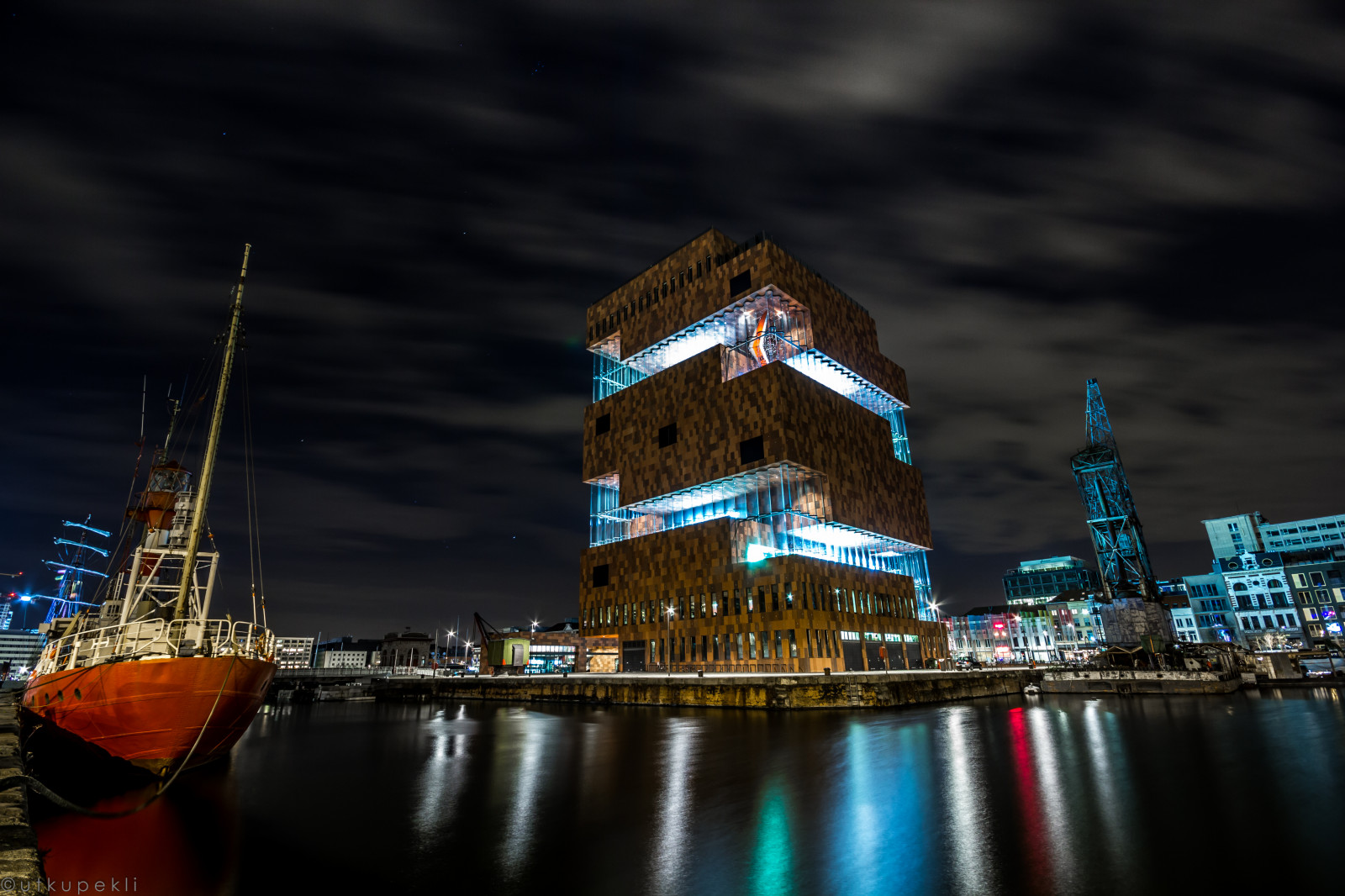 loď, město, panoráma města, noc, voda, budova, odraz, nebe, panoráma, večer, věž, muzeum, Belgie, metropole, Antverpy, Antwerpen, osvětlení, de, tma, mezník, Belgique, Muzeum, Anvers, mas, Aan, Stroom