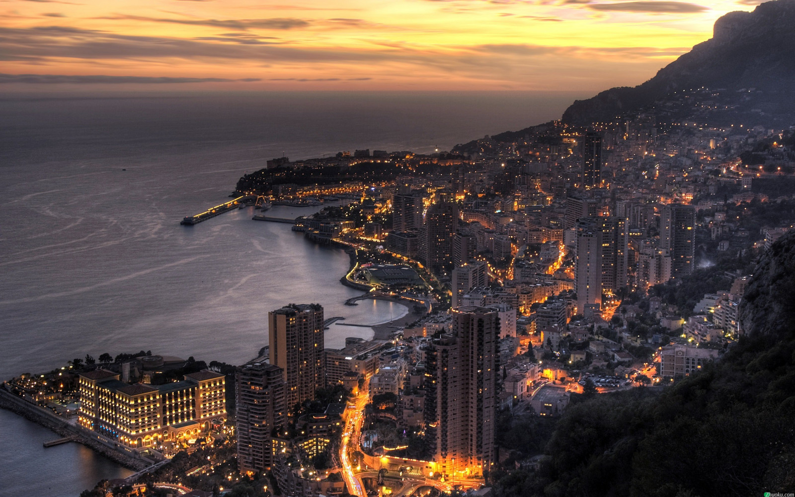 světla, západ slunce, moře, město, panoráma města, noc, fotografování, svítání, večer, pobřeží, soumrak, Monaco, svítání, Atmosféra Země, letecké snímkování