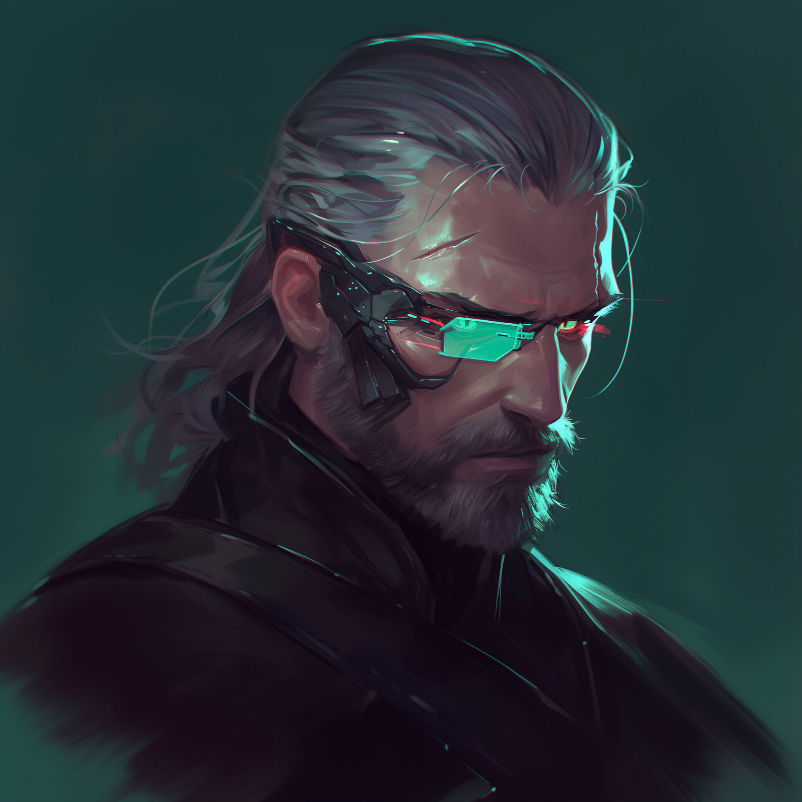 Eugen Ich, výkres, Geralt, cyberpunk, crossover, portrét