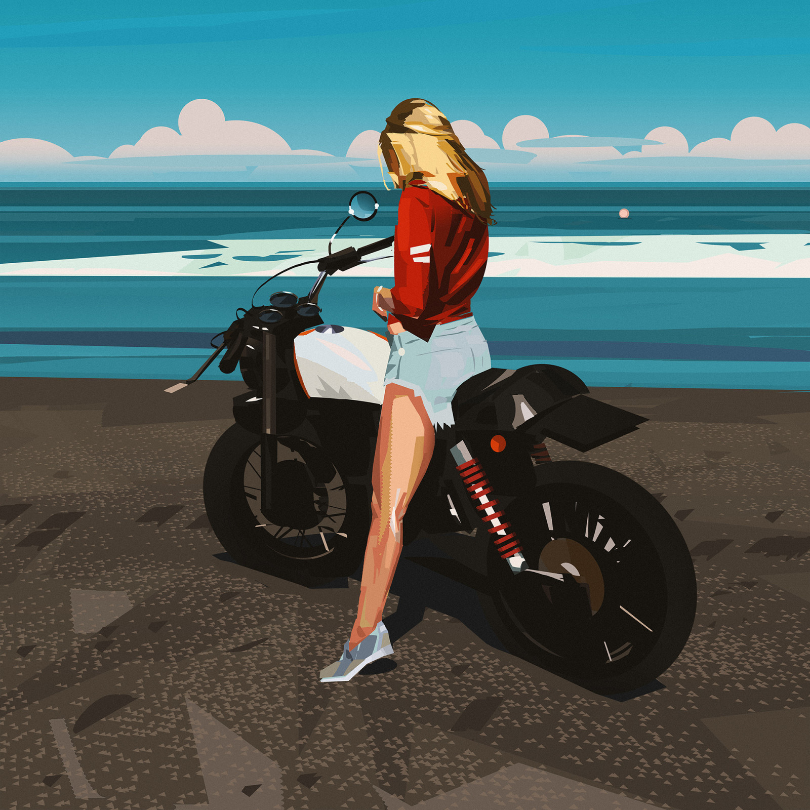 donne, la pittura, disegno, bionda, motociclo, pantaloncini jeans, camicetta, capelli lunghi, mare, acqua, scarpe da ginnastica, Yun Ling