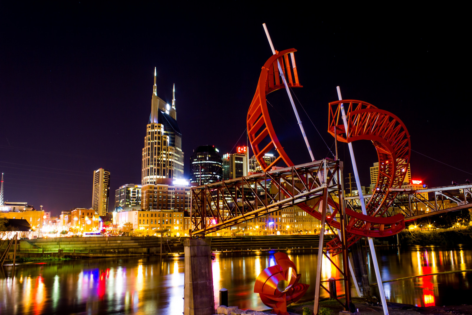 Wallpaper sculpture, USA, skyline, night, Canon, river, iso100