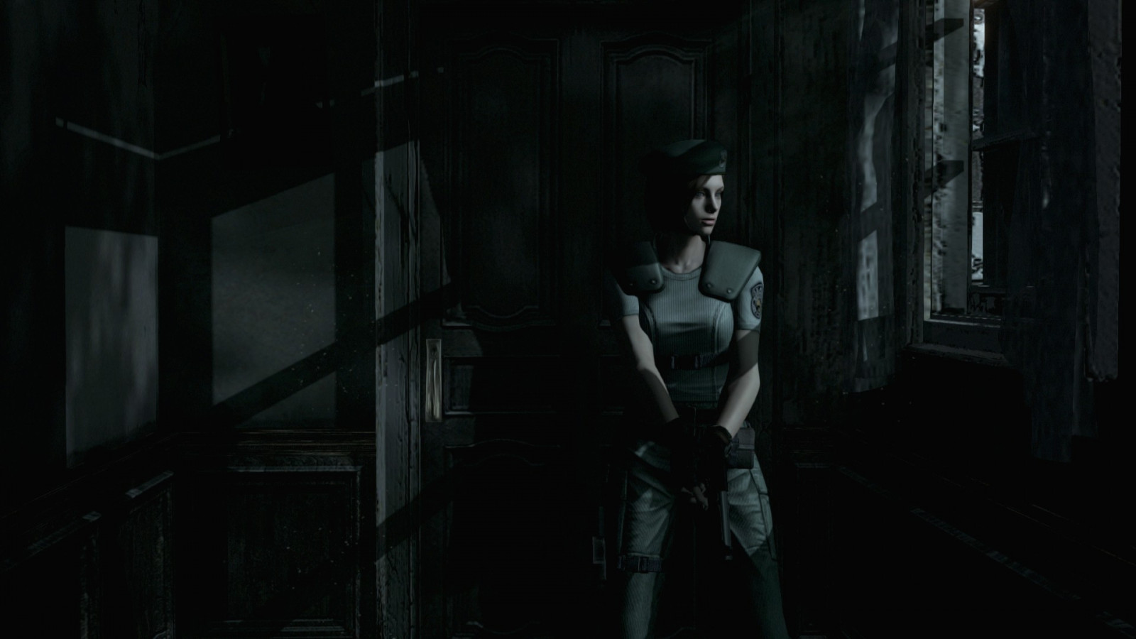einfarbig, Resident Evil, Resident Evil HD Remaster, Jill Valentine, Spencer mansion, Mitternacht, Dunkelheit, Bildschirmfoto, Schwarz und weiß, Film Noir, erfundener Charakter