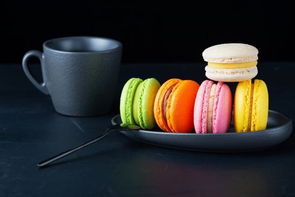 Macarons,food,still life,cup,spoon