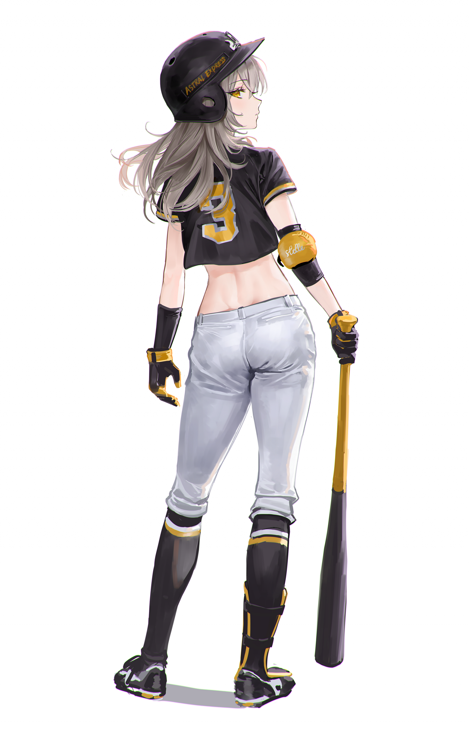 Honkai Star Rail, umělecká díla, Stelle Honkai Star Rail, anime, anime dívky, šedé vlasy, žluté oči, baseball, baseballová čepice, baseballová rukavice, břicho, baseball shirt, dlouhé vlasy, baseballovou pálkou, ohlédnutí, jednoduché pozadí, bílé pozadí, Rity artist, displeje na výšku