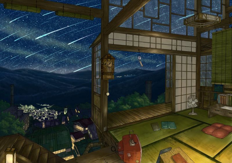 Anime, Innere, Nacht-, Himmel, Sterne, Haus Anime, Innere, Nacht-, Himmel, Sterne, Haus