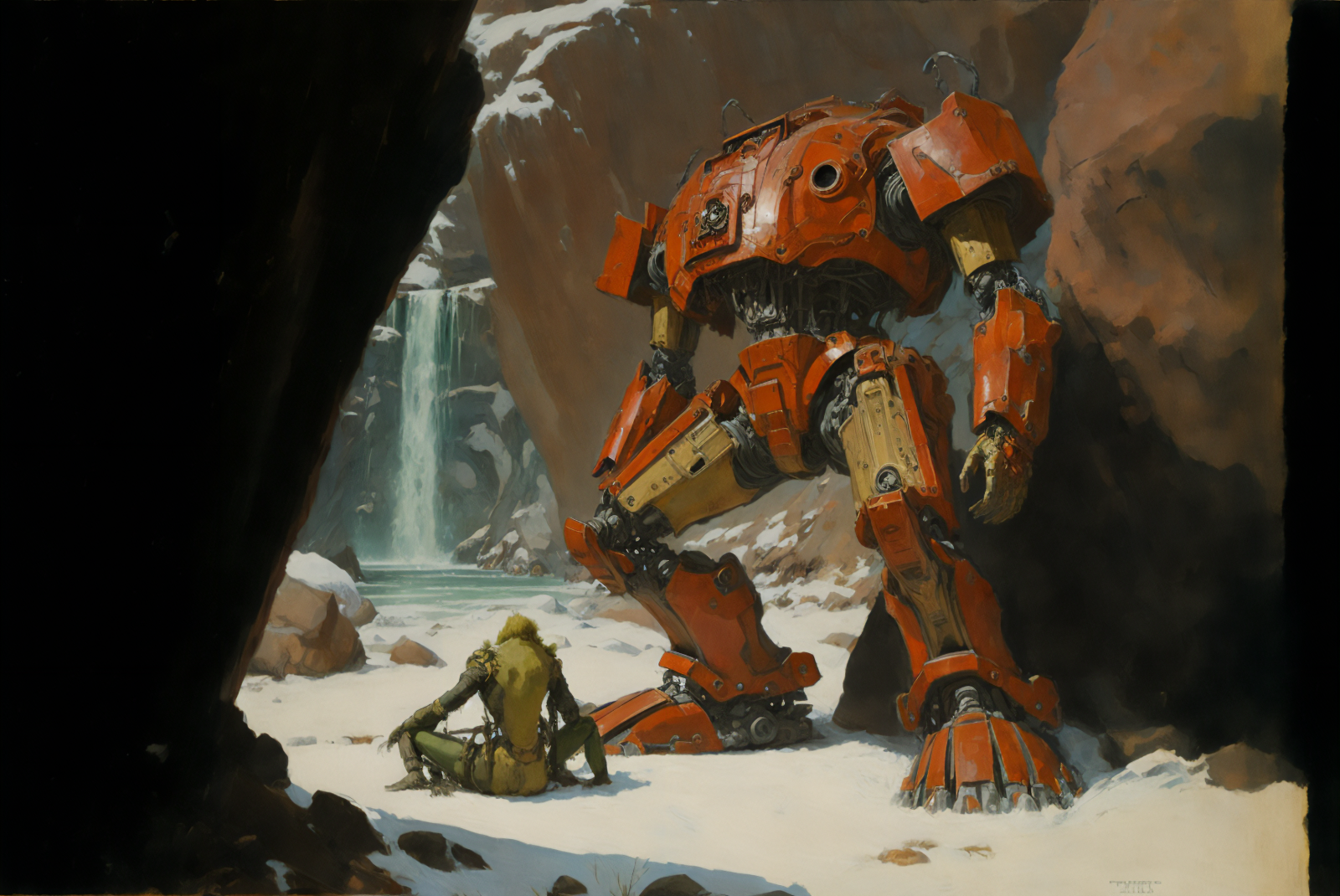 ai art, robot, sníh, jaro, mechs, vnější, futuristický