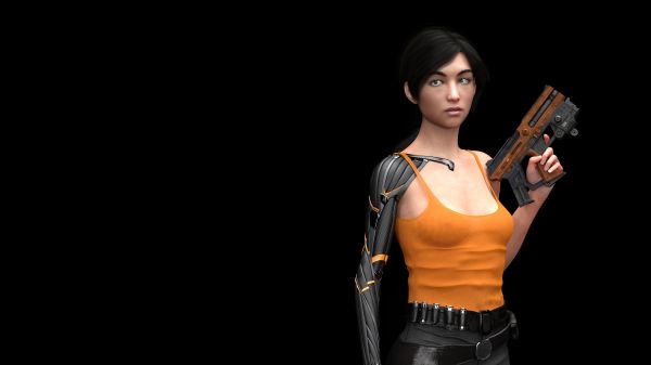 Sakirah Rodaun,cyberpunk,cyborg,prosthesis,NVIDIA Iray,black hair