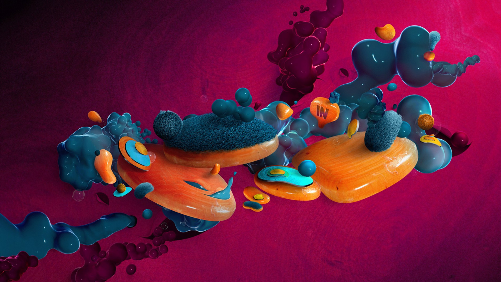 ilustração, arte digital, abstrato, 3D, azul, bolhas, Salpicos, Fundo rosa, Brinquedo, biologia, cor, Macro fotografia